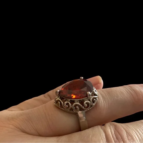 Garnet Amber Red Cz Silver Pear Shape Dinner Cocktail Ring Women’s Jewelry - Picture 5 of 12